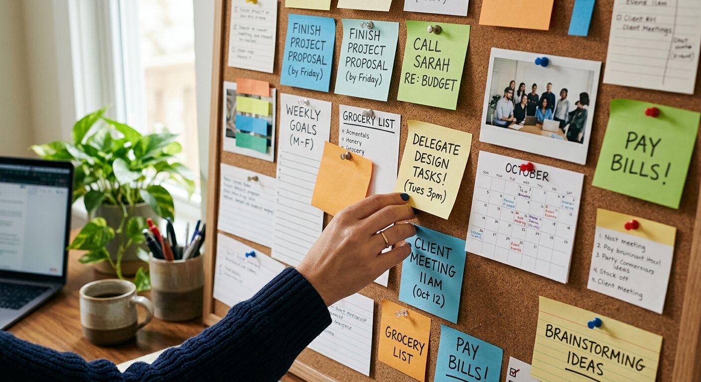 A hand delicately placing a sticky note onto a well-structured corkboard adorned with various reminders and actionable steps.