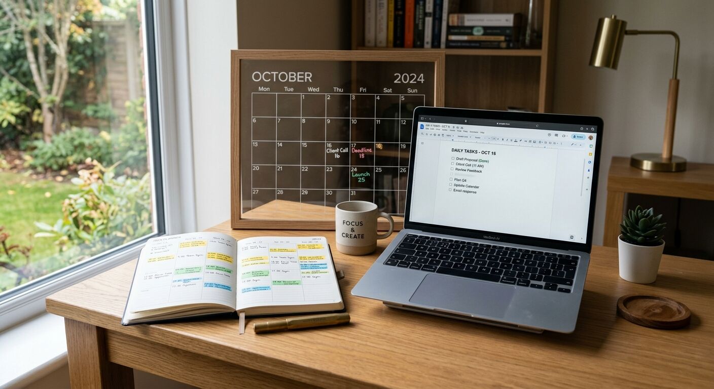 A calm, organized workspace featuring a meticulously color-coded planner, a clear calendar, and a laptop displaying a task list.