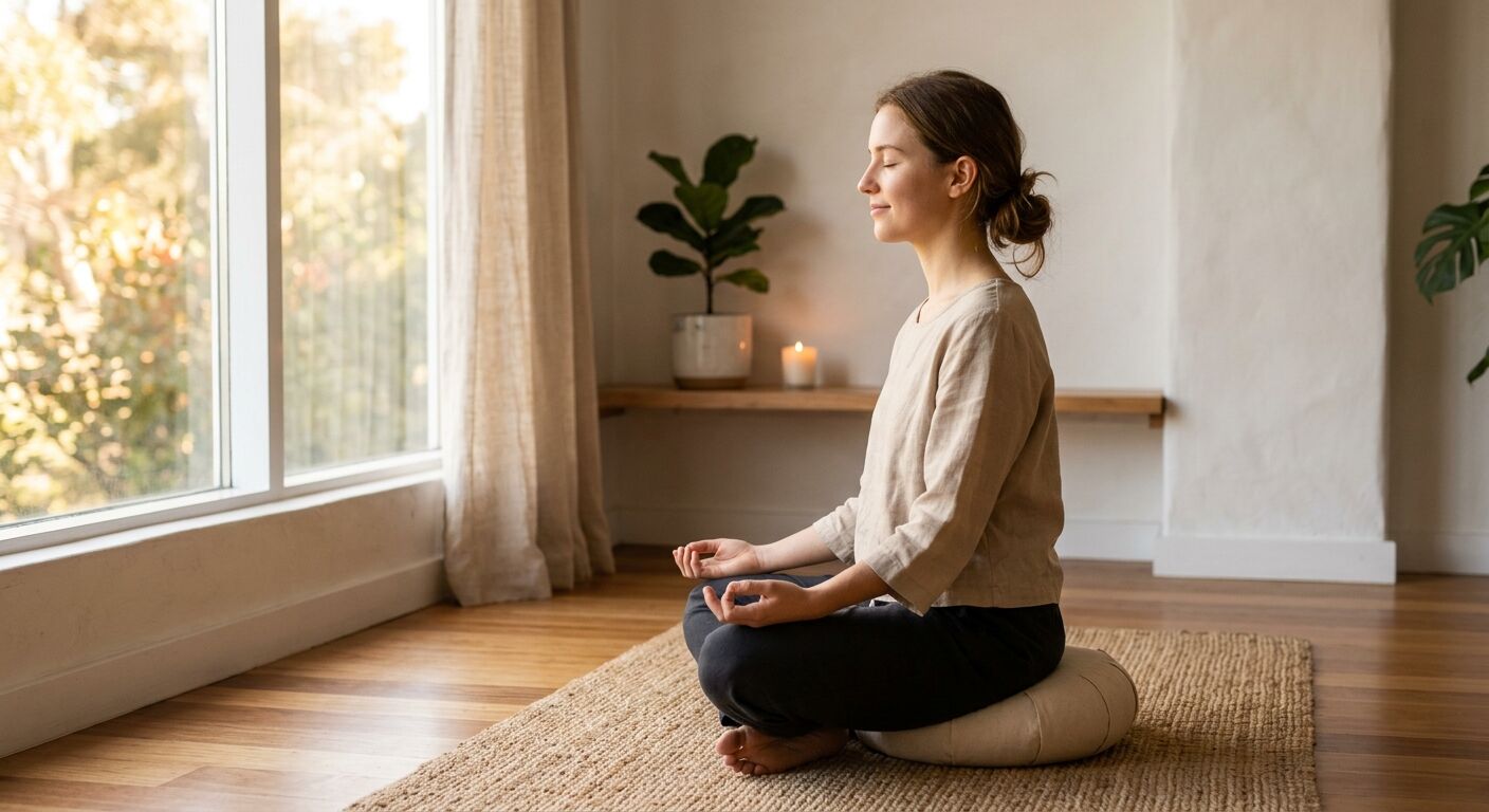 A serene person meditating calmly in a sunlit, minimalist room, soft focus on their peaceful expression, symbolizing inner peace and mental clarity amidst anxiety. Professional, realistic, warm tones.