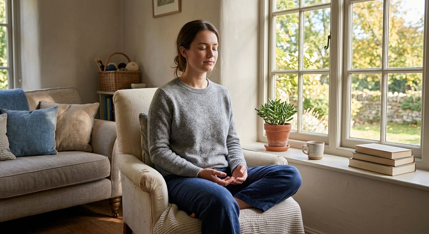 A person sits peacefully by a sunlit window, eyes closed, practicing deep breathing or mindfulness.