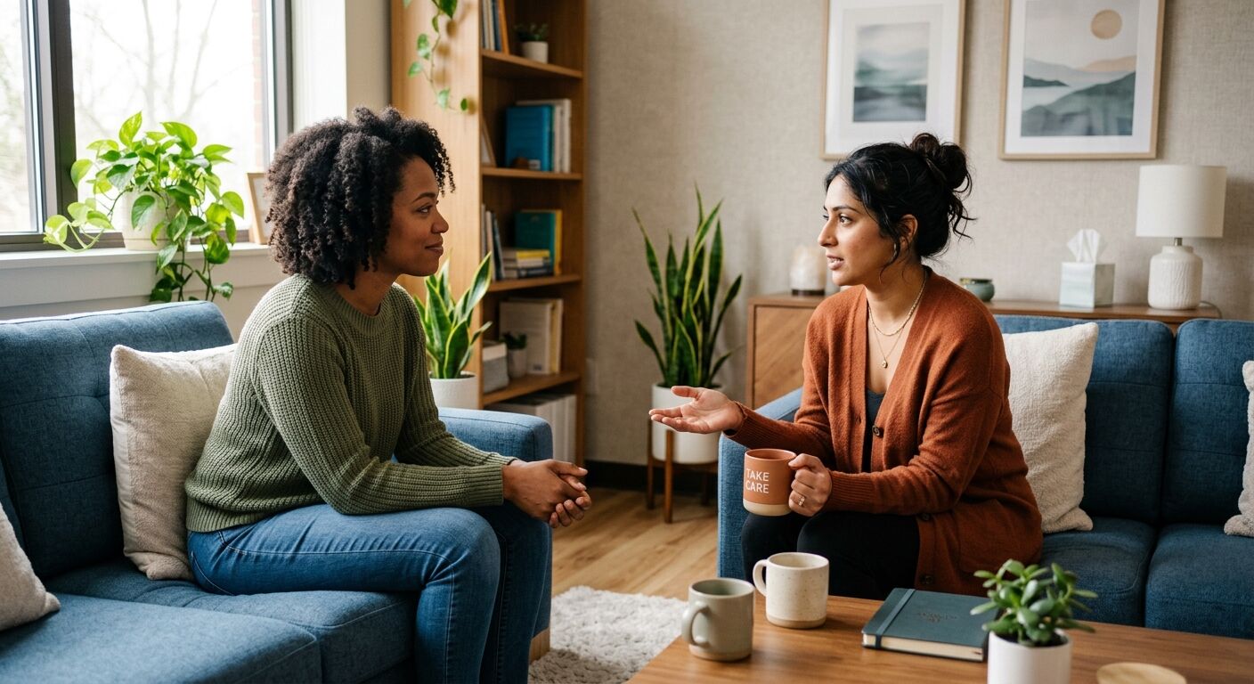 Two diverse individuals having a supportive, empathetic conversation in a modern, comforting office space, one actively listening, representing shared understanding and connection in managing anxiety. Soft, inviting lighting.