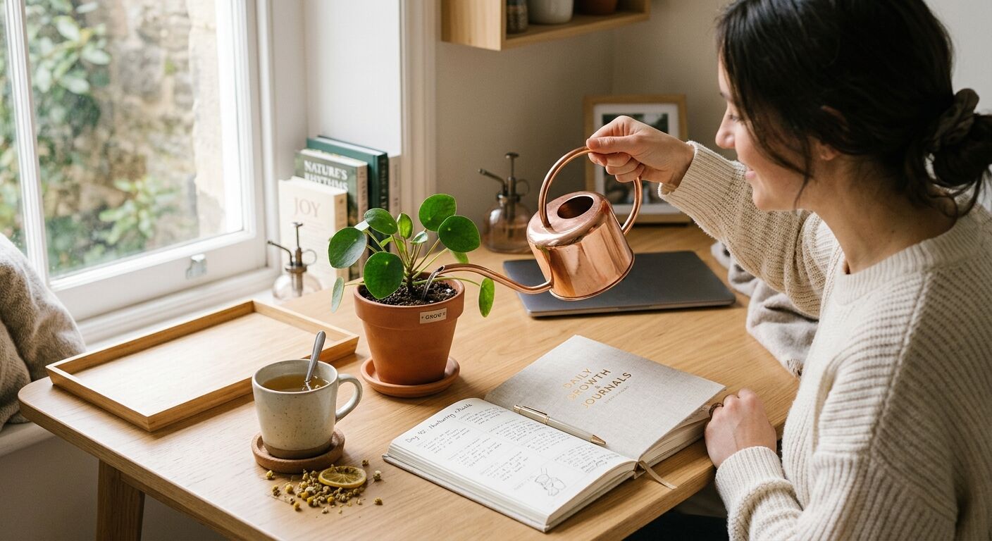 A person gently watering a small potted plant on a clean, organized desk beside a journal and a calming cup of herbal tea. Soft natural light, reflecting self-care, growth, and mindful routine. Professional blog image.