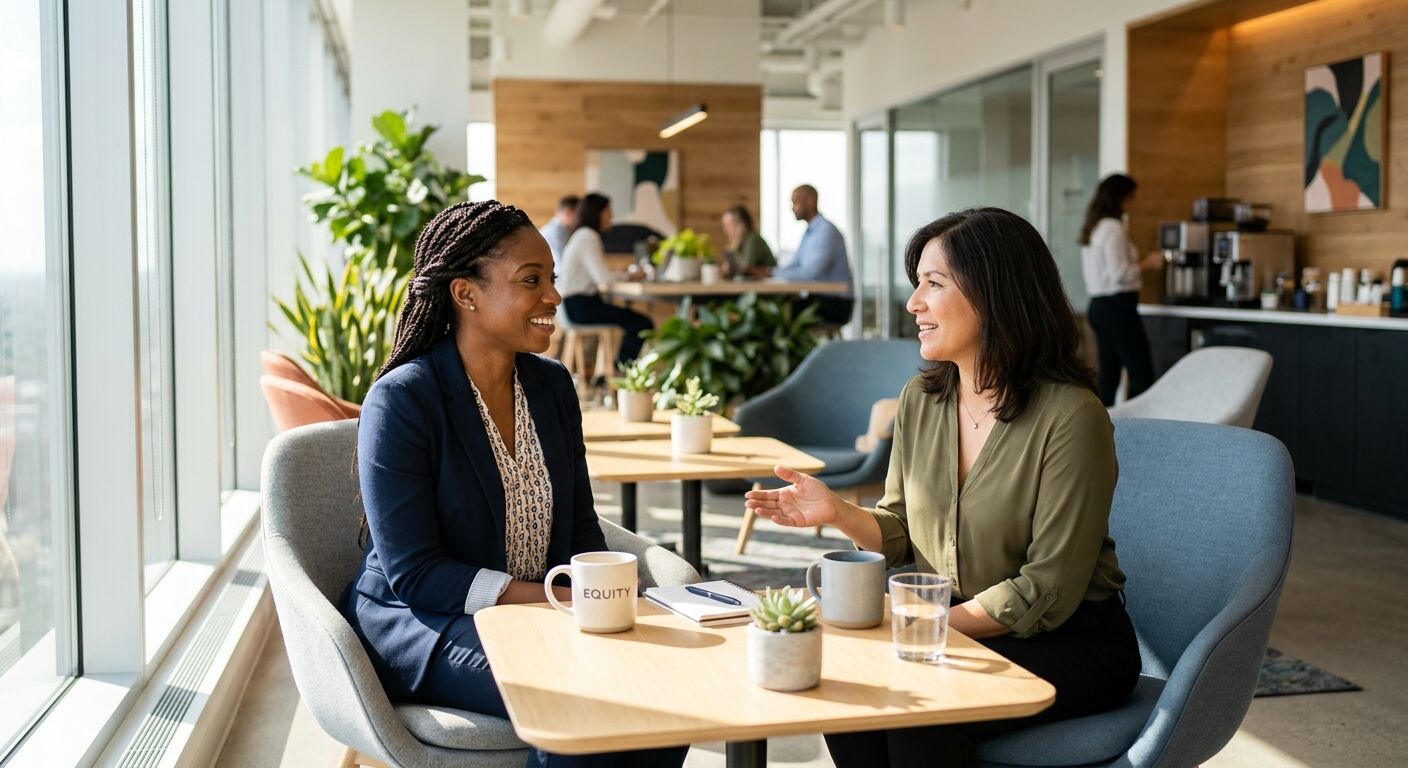 Two diverse professionals engaged in a supportive, empathetic conversation over coffee in a bright, modern office lounge. Natural light highlights their genuine connection and open communication. Professional, realistic image for a blog.