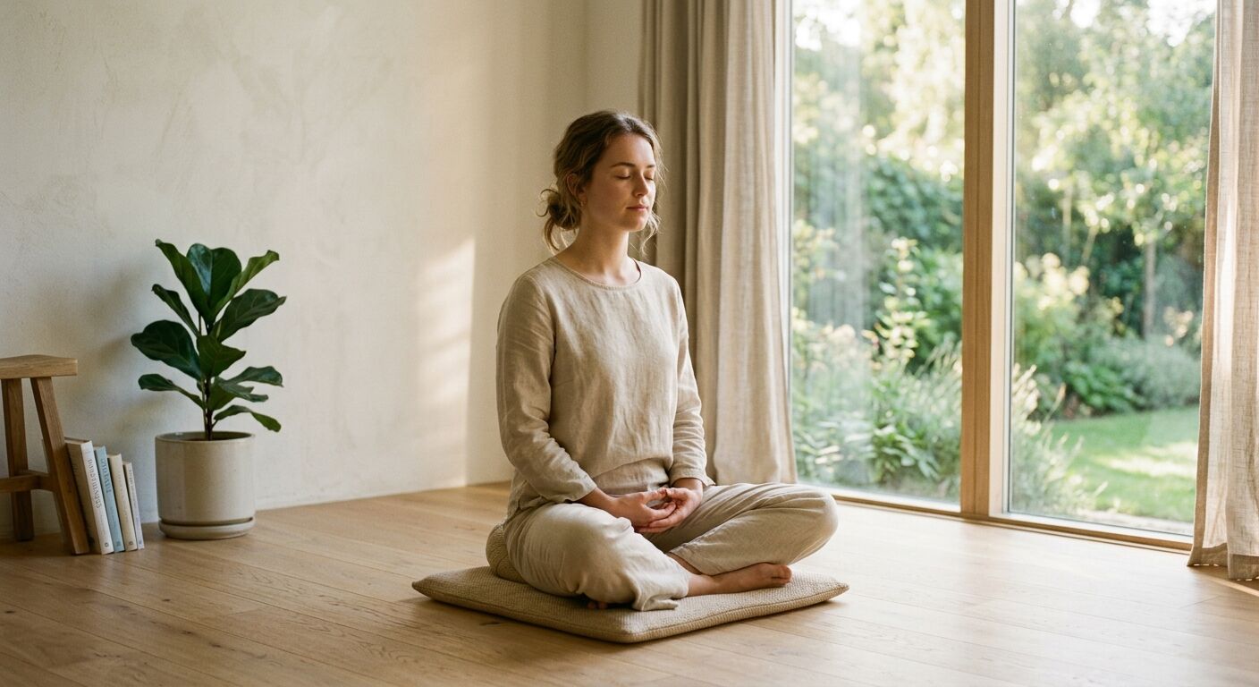 A serene individual meditating in a minimalist, sunlit room, their expression calm and focused. Soft, warm lighting creates a peaceful, introspective atmosphere, emphasizing inner tranquility and mindfulness. Realistic photography.
