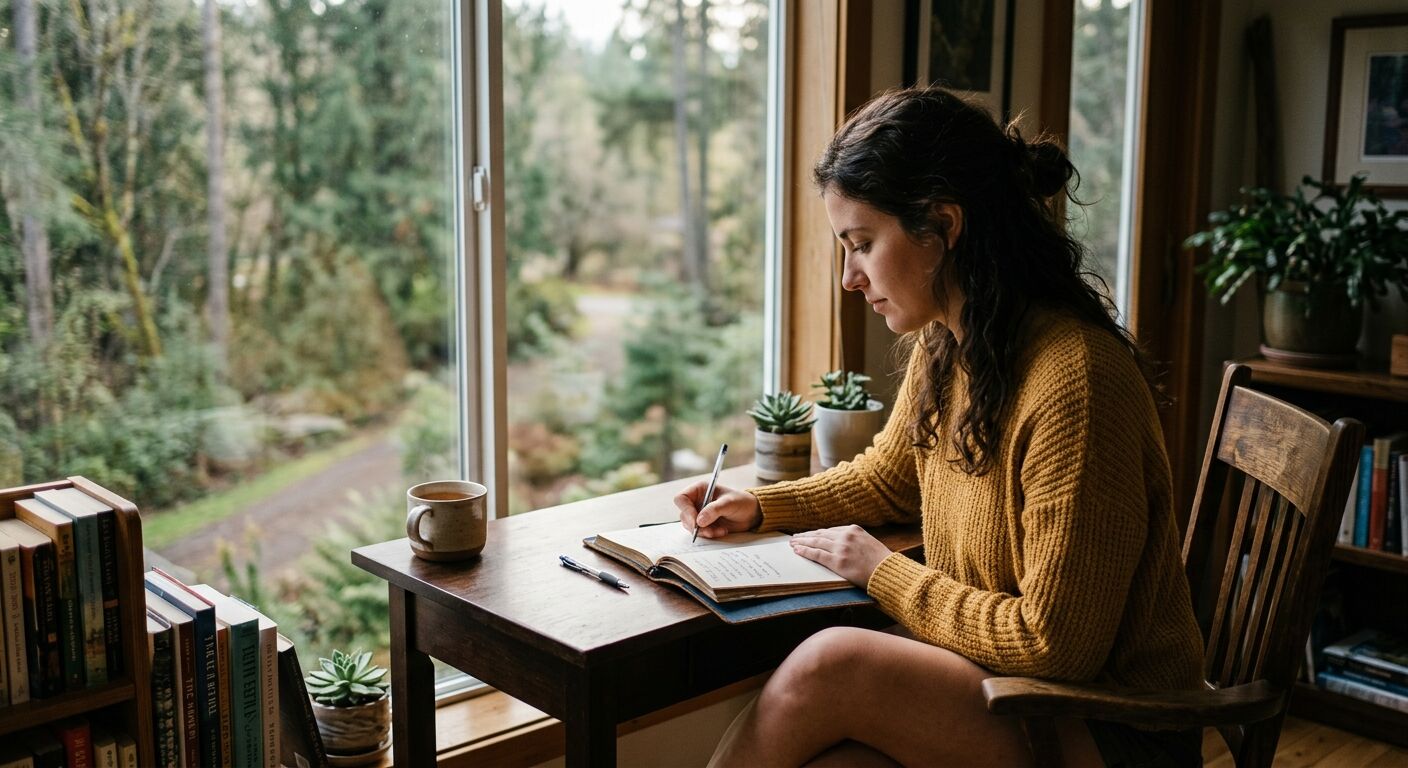 A person journaling thoughtfully by a large window overlooking a peaceful, slightly blurred natural landscape, their focused posture reflecting proactive self-reflection and coping strategies for anxiety. Professional, realistic, soft light.