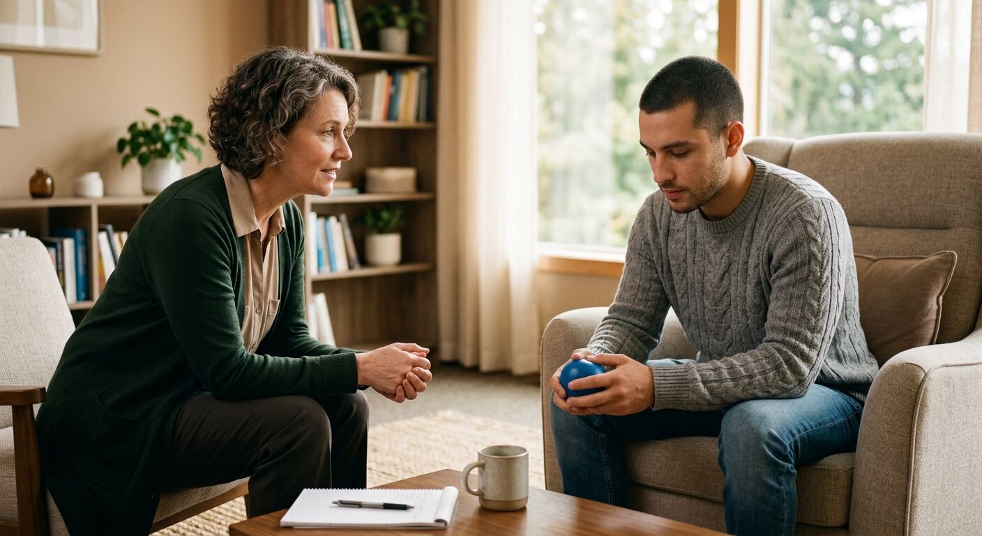 A compassionate therapist and a thoughtful patient discussing coping strategies for phobias in a modern therapy room.