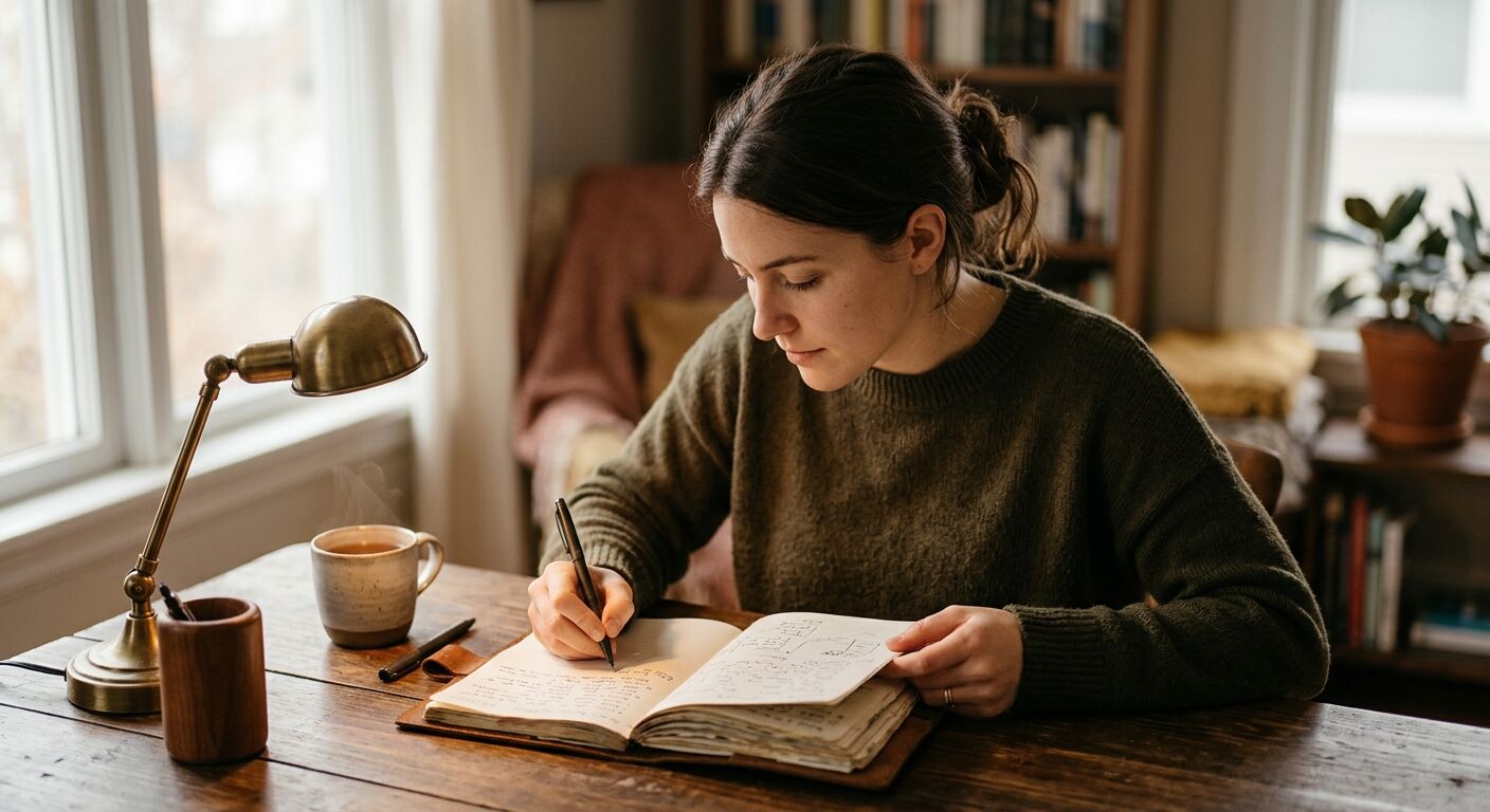 A person focused intently on a single task, possibly writing in a journal or sketching, surrounded by a subtle, blurred background representing reduced distractions.